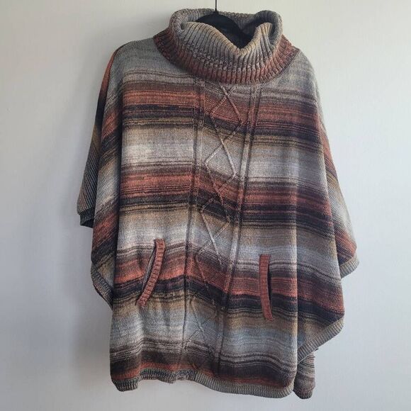 striped turtleneck knit poncho with front pockets and textured details - Picture 1 of 11